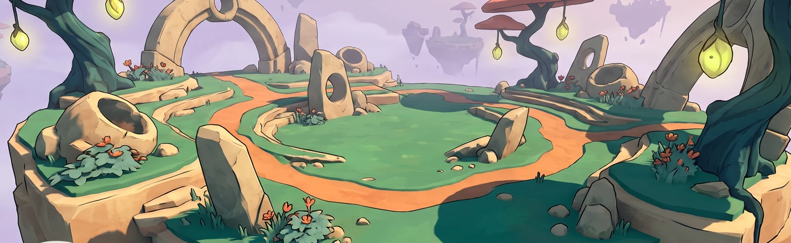 The original floating-island environment concept, with curved stone arches, teal vegetation and apricot paths.